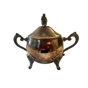 Vtg Silver Plated Lidded Sugar Bowl Lion Paw Feet Victorian Revival Rose Finial